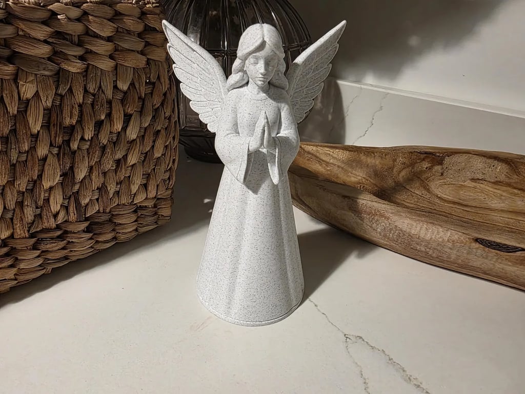 Praying Angel Tree Topper Marble Effect PLA Feathered Wings Christmas 20cm