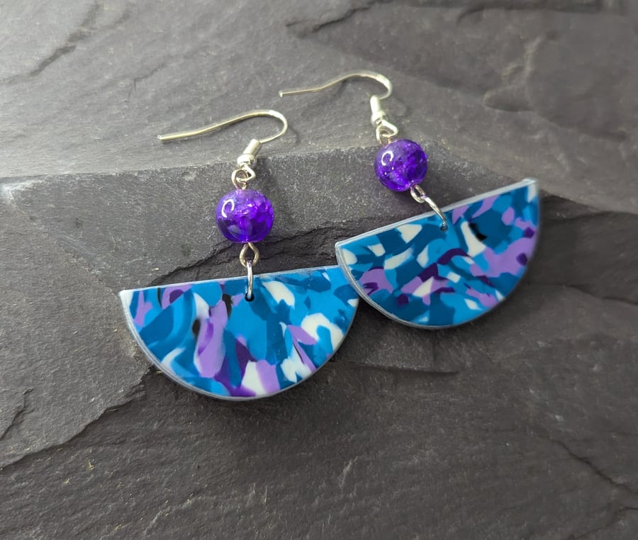 Purple, blue semi-circle hanging earrings 