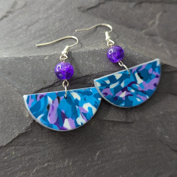 Purple, blue semi-circle hanging earrings 