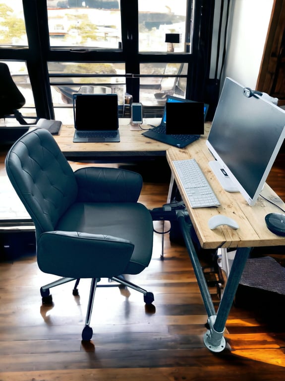 Corner Office Desk - Two Board, Custom Made Reclaimed Real Wood Tubes Pipes Pole