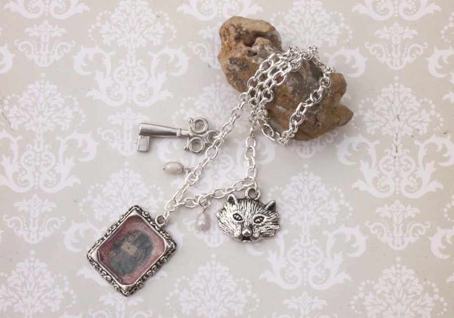 Alice in Wonderland Frame Charm Key Charm Cat Charm Silver Necklace