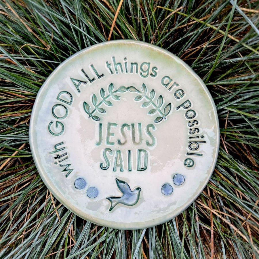 Handcrafted Ceramic Bible Verse Plate - With God All Things Are Possible