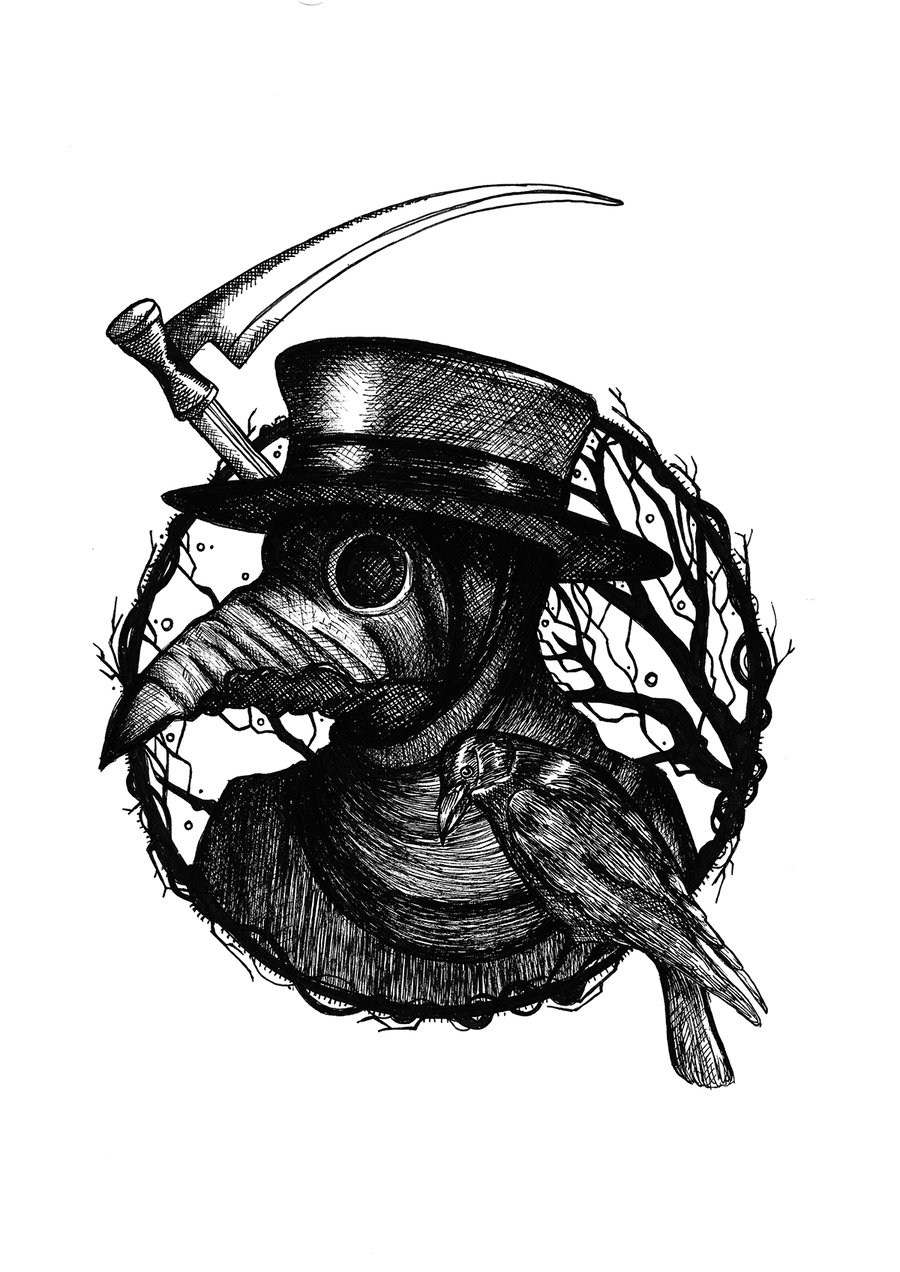 Plague Doctor Black and White Illustration, Dark Art, Horror, A5 Art Print