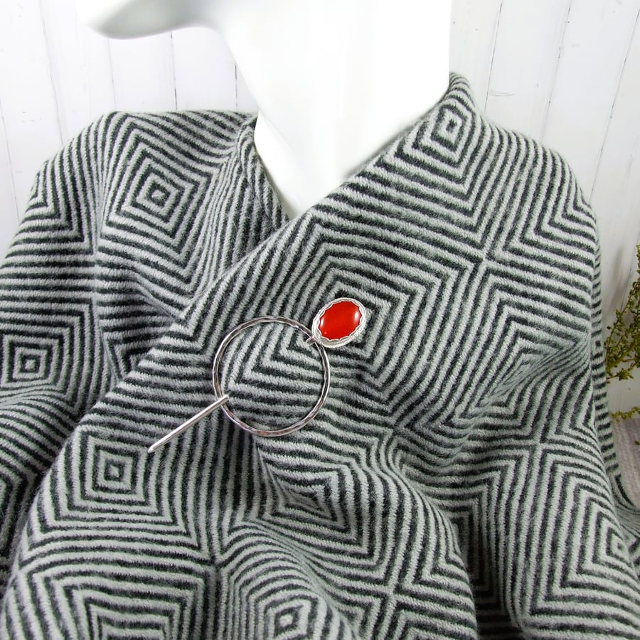 Shawl Pin, Sterling Silver and Red Quartz for Scarf, Shawl, Cardi or Wrap