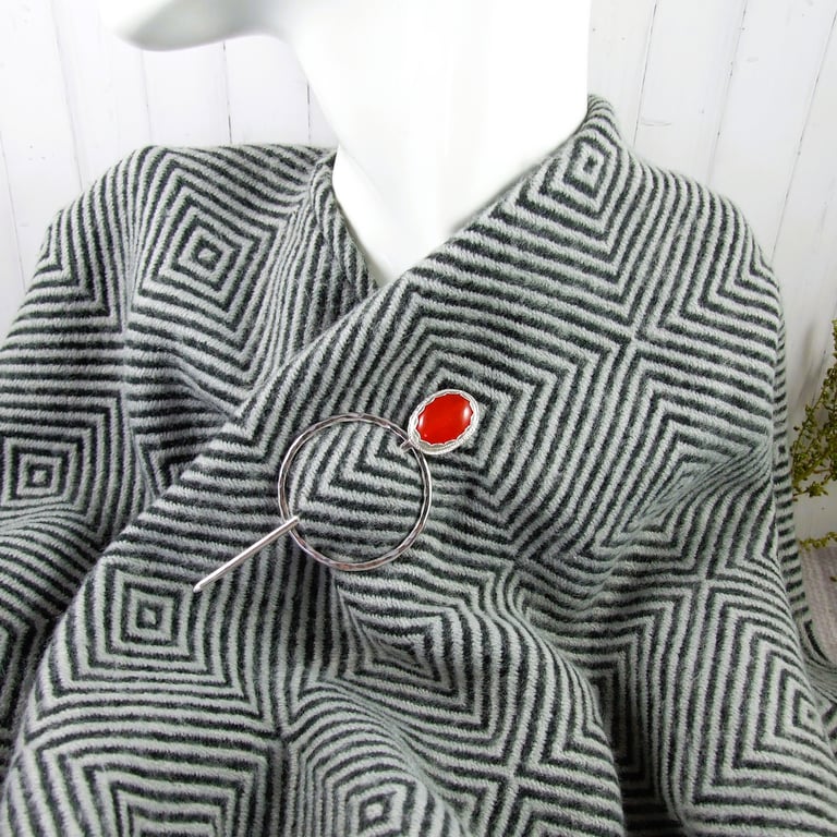 Shawl Pin, Sterling Silver and Red Quartz for Scarf, Shawl, Cardi or Wrap