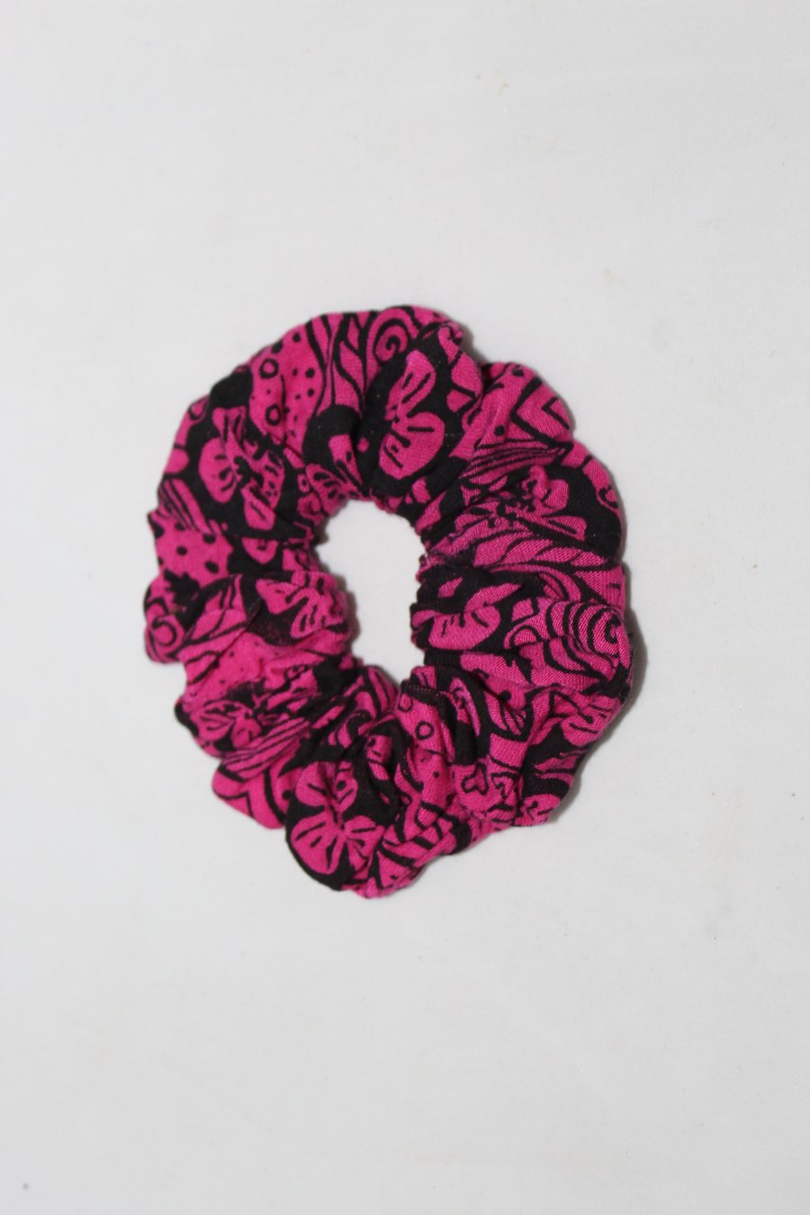 Pink hair scrunchie,hair tie,pink and black floral hand printed.gift
