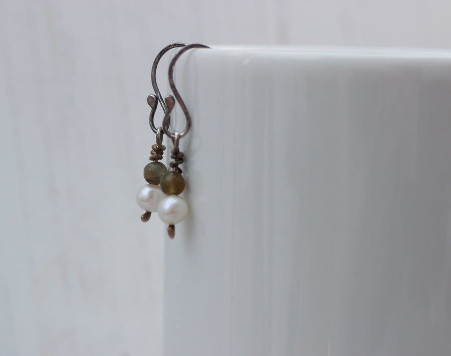 Freshwater pearl and labradorite Sterling silver drop earrings, gift for her