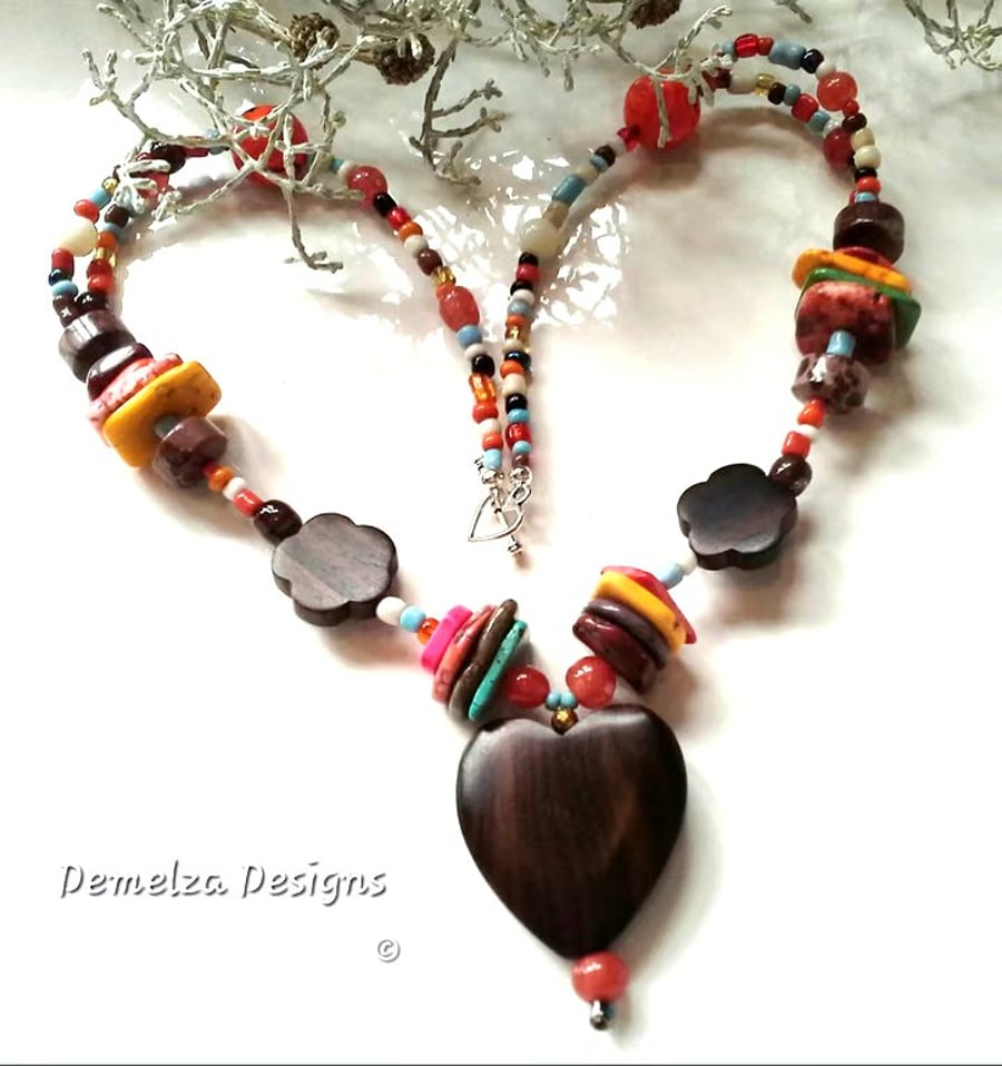 Boho Design Wooden Heart & Flower, Howlite, Jasper, Seed Bead Necklace ONE OFF