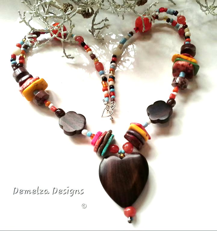 Boho Design Wooden Heart & Flower, Howlite, Jasper, Seed Bead Necklace ONE OFF