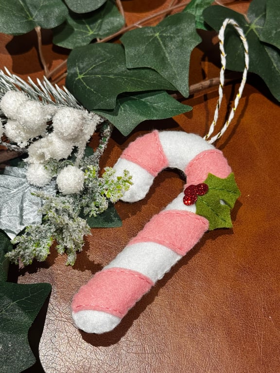 Festive Pink Felt Candy Cane Decoration 