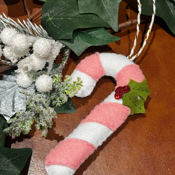 Festive Pink Felt Candy Cane Decoration 