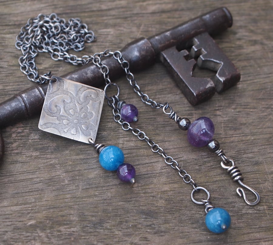 Silver necklace oxidised, Amethyst & Kyanite