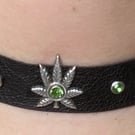 Black Leather Choker w 5 Light Green Gems (Hemp Pot Leaf center) FREE SHIP