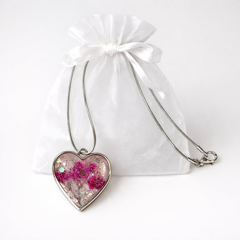 Hearts in Bloom Necklace. Resin Floral Heart Pendant.  