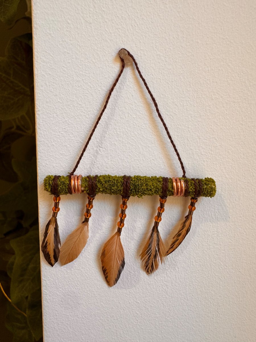 Miniature moss & feather wall hanging 