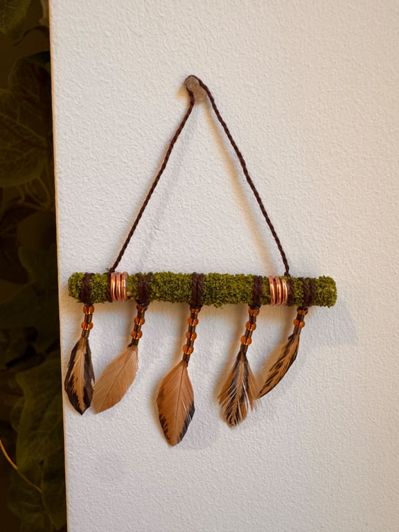 Miniature moss & feather wall hanging 