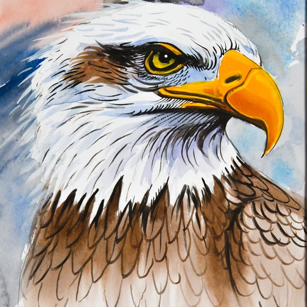 Watercolour Painting of Eagle on Paper and Framed (One of a Kind)