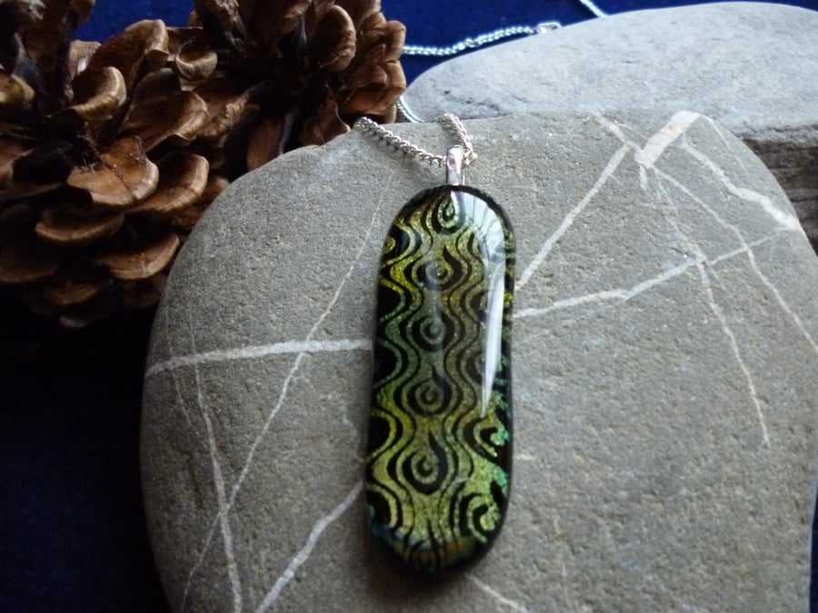 Handmade dichroic glass pendant - black and green gold