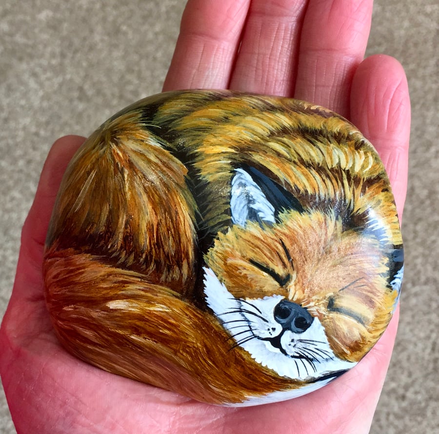 Fox hand painted pebble garden rock art wildlife portrait stone 