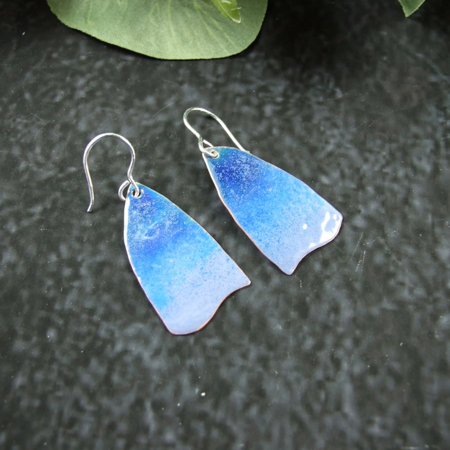 Earrings, Blue Ombre Wave Droppers. Copper with Enamel and Silver Earwires