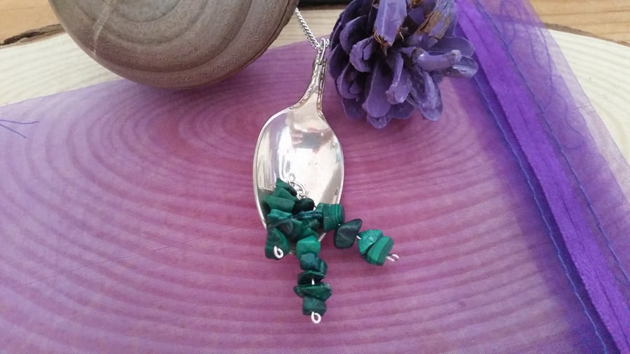 Silver Plated Spoon Necklace with Malachite SPN031501