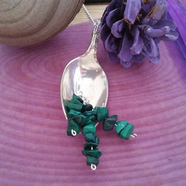 Silver Plated Spoon Necklace with Malachite SPN031501