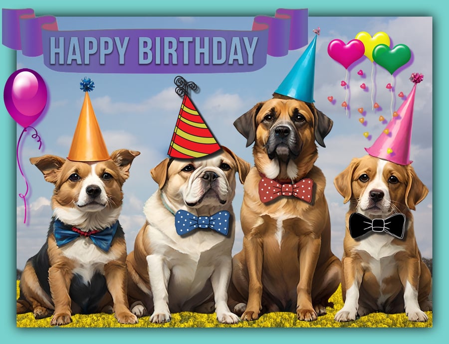 Happy Birthday Party Dogs Greeting Card A5