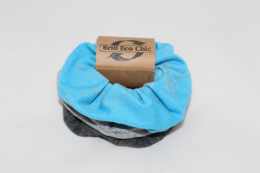 Elastic turquoise,teal and grey hair scrunchie hand printed set of 3,Eco gift