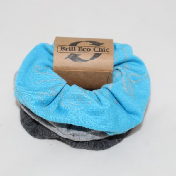 Elastic turquoise,teal and grey hair scrunchie hand printed set of 3,Eco gift