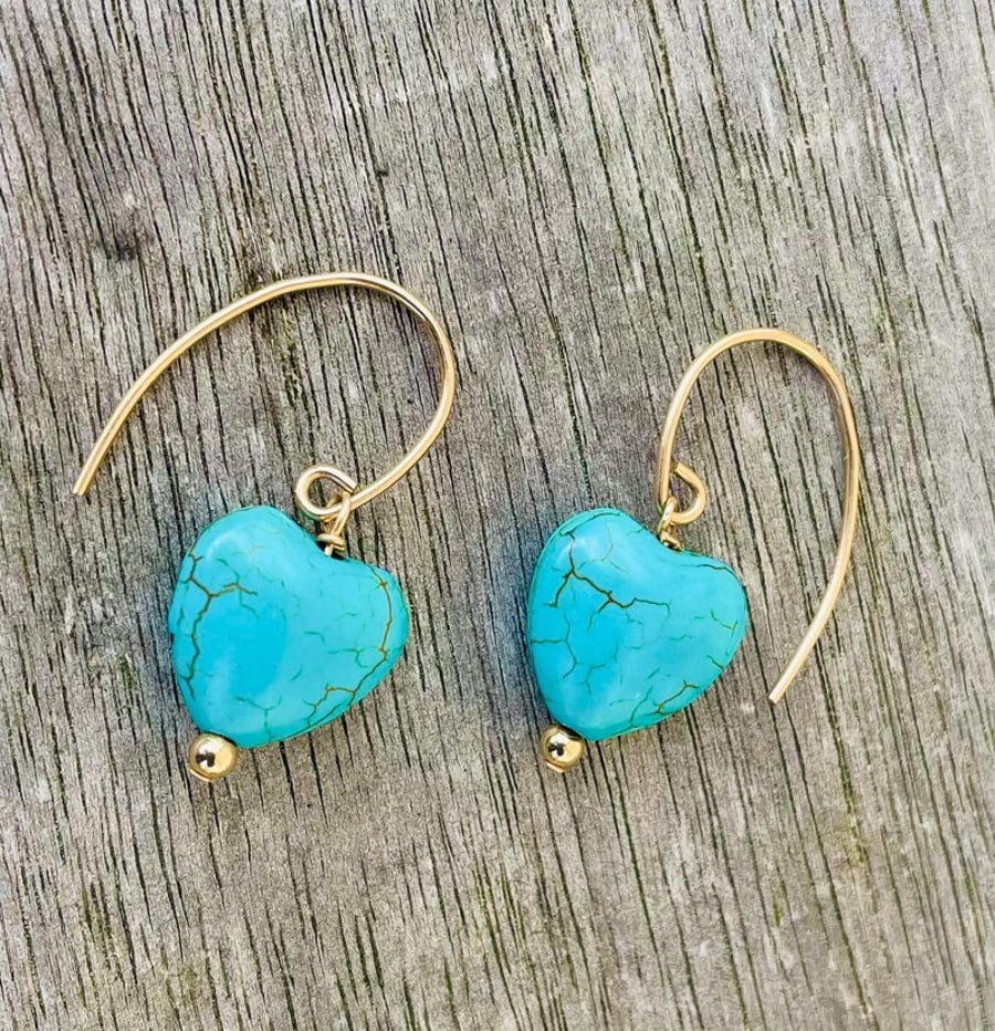 Turquoise Heart Drop Earrings on 14K Gold Filled Earrings 