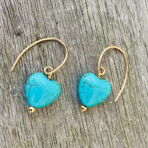 Turquoise Heart Drop Earrings on 14K Gold Filled Earrings 