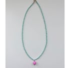 Summer Fun Light Pastel Green-Blue Seed Bead Necklace With Pastel Pink Bead