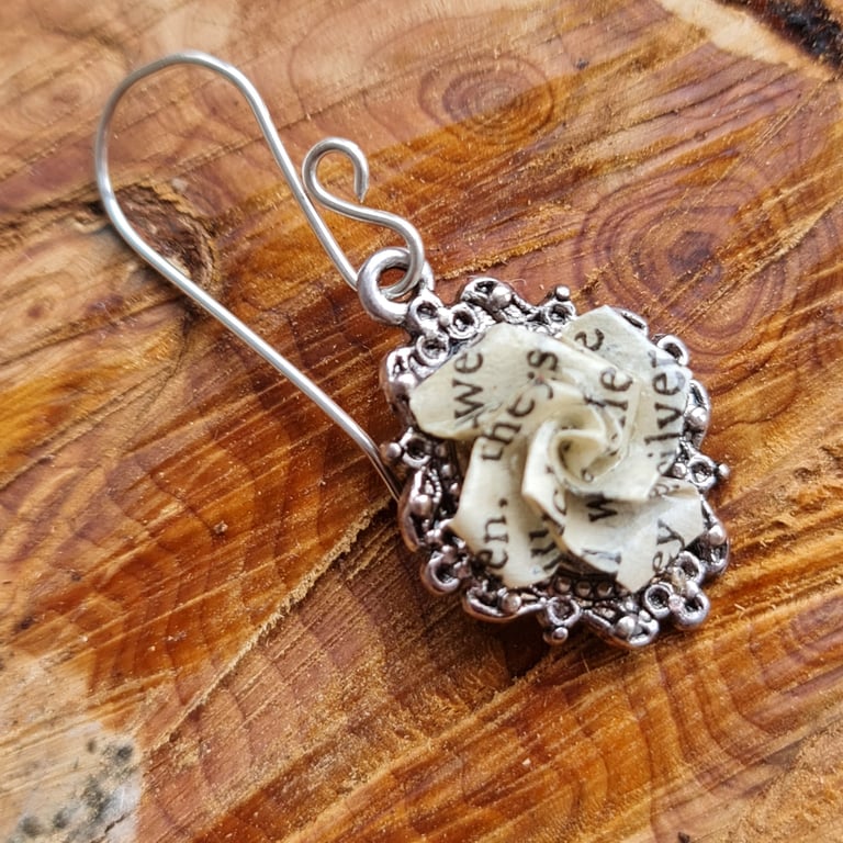 Victorian Origami Rose Earrings, Book Page Art, surgical steel or sterling silve