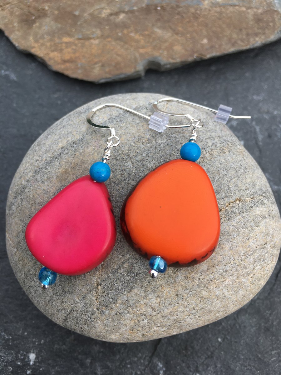 Tagua slice drop earrings, orange and pink