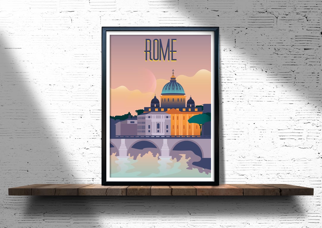 Rome retro travel poster, Rome wall print,  Italy travel poster