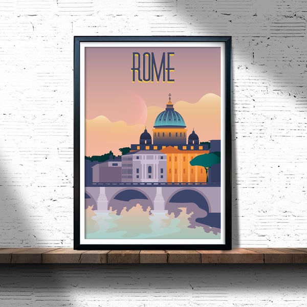 Rome retro travel poster, Rome wall print,  Italy travel poster