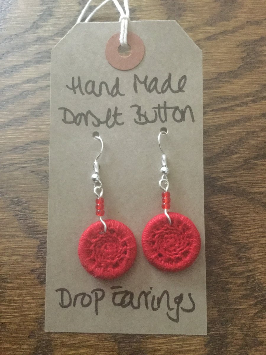 Dorset Button Drop Earrings with Beads,  Red