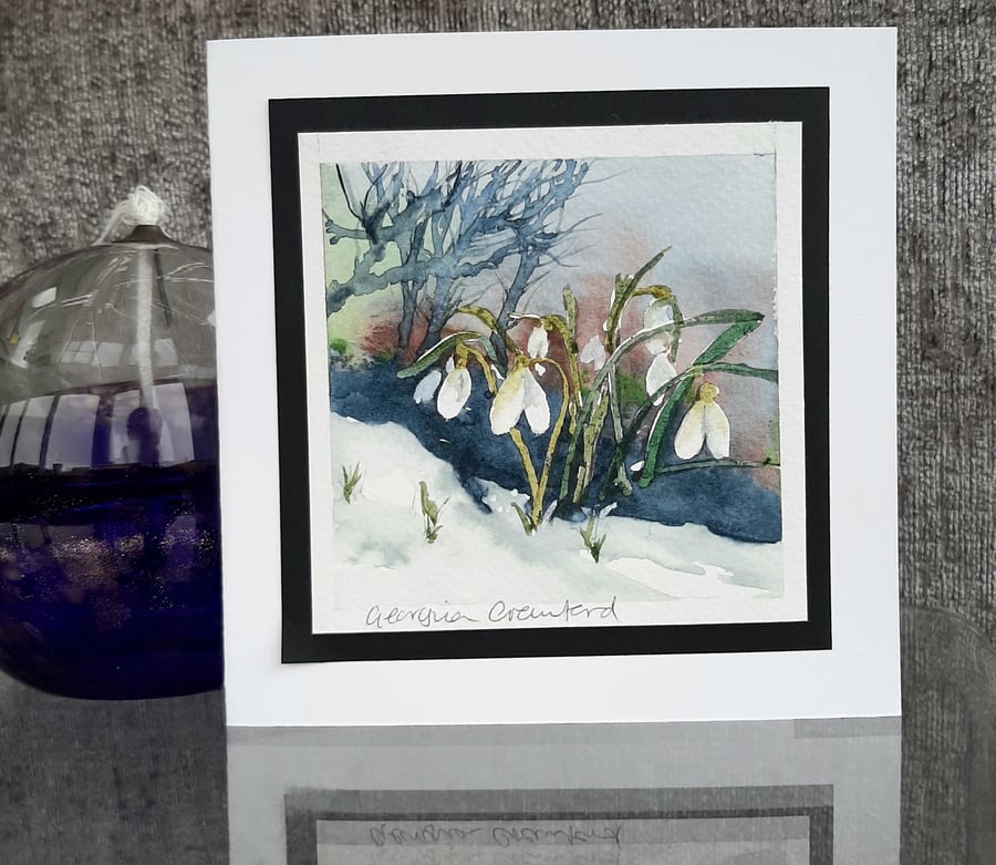 First Snowdrops. Handpainted Watercolour Blank Card. Unique Notelet. Gift