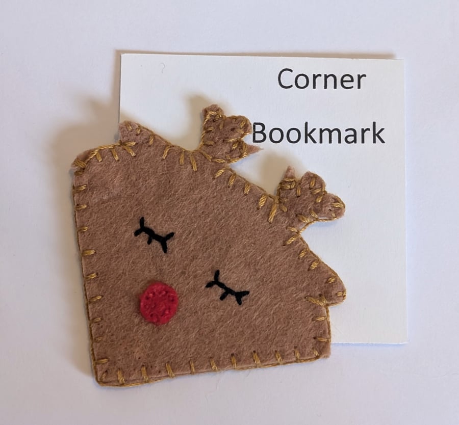 Handmade handsewn felt corner bookmark - reindeer