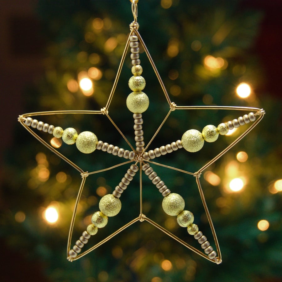 Set of Three Beaded Wire Star Christmas Decorations with Gold Sparkle Beads