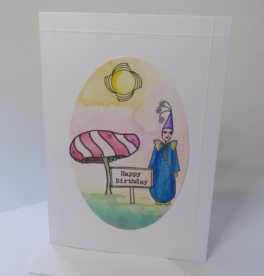 Birthday card hand illustrated Willow the clown  birthday card 1