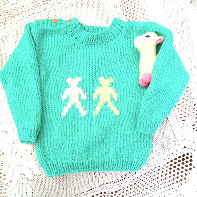 Mint Green Round Neck Chunky Jumper with Teddy Bear Motif for Babies & Toddlers