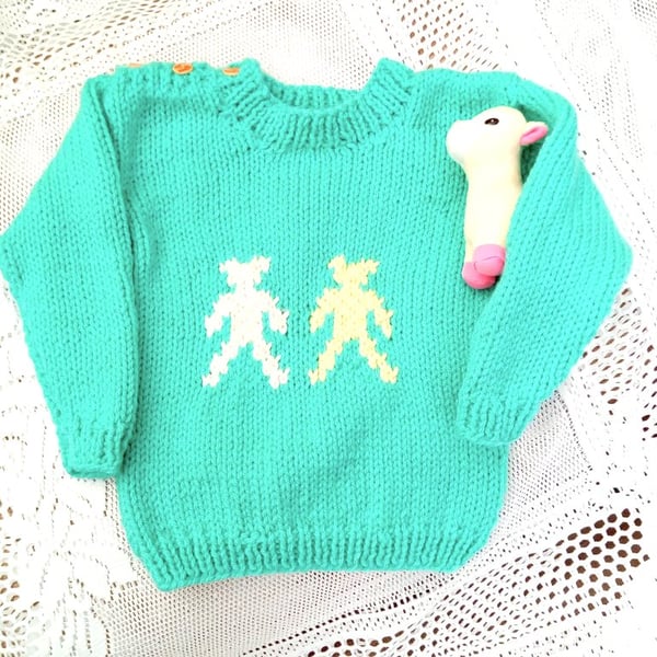 Mint Green Round Neck Chunky Jumper with Teddy Bear Motif for Babies & Toddlers