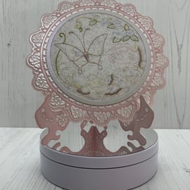 Pink plate card with delicate butterfly and floral embroidery  C - 101