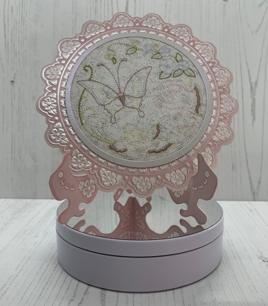 Pink plate card with delicate butterfly and floral embroidery  C - 101