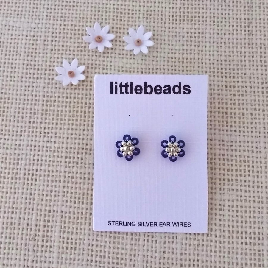 Navy Blue and Silver Daisy Stud Beaded Sterling Silver Earrings