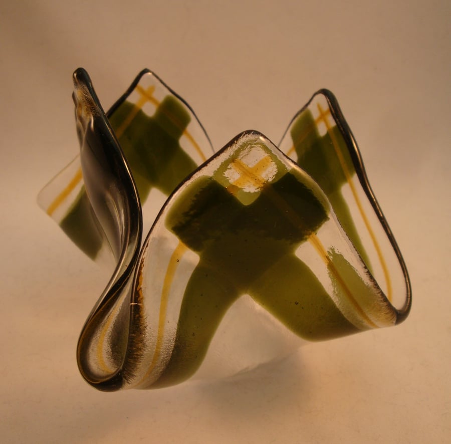 Fused Glass Tealight Holder - Green Tartan