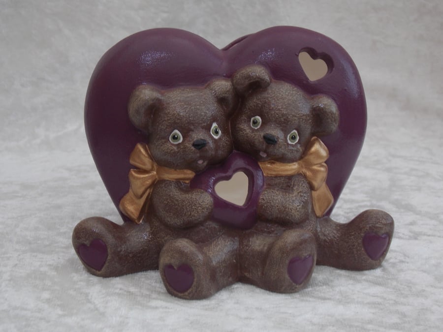 Ceramic Hand Painted Purple Plum Heart & Brown Bears Candle Tealight Holder.