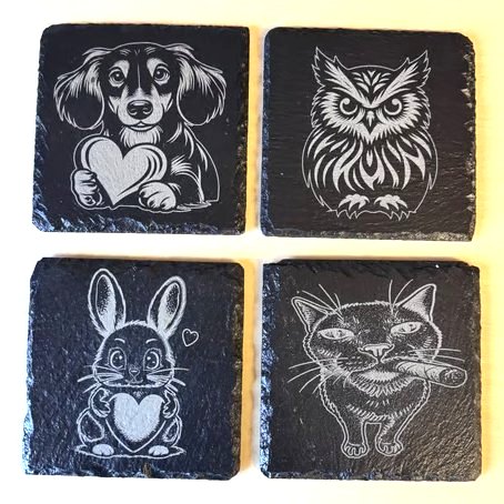 Cute animal slate coaster collection set of 4 with engraved wooden stand.