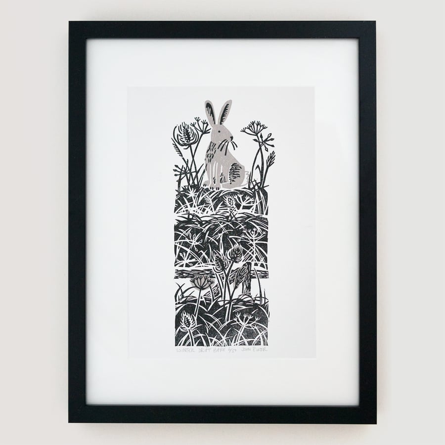 Winter Drifts "Hare" linocut print, framed